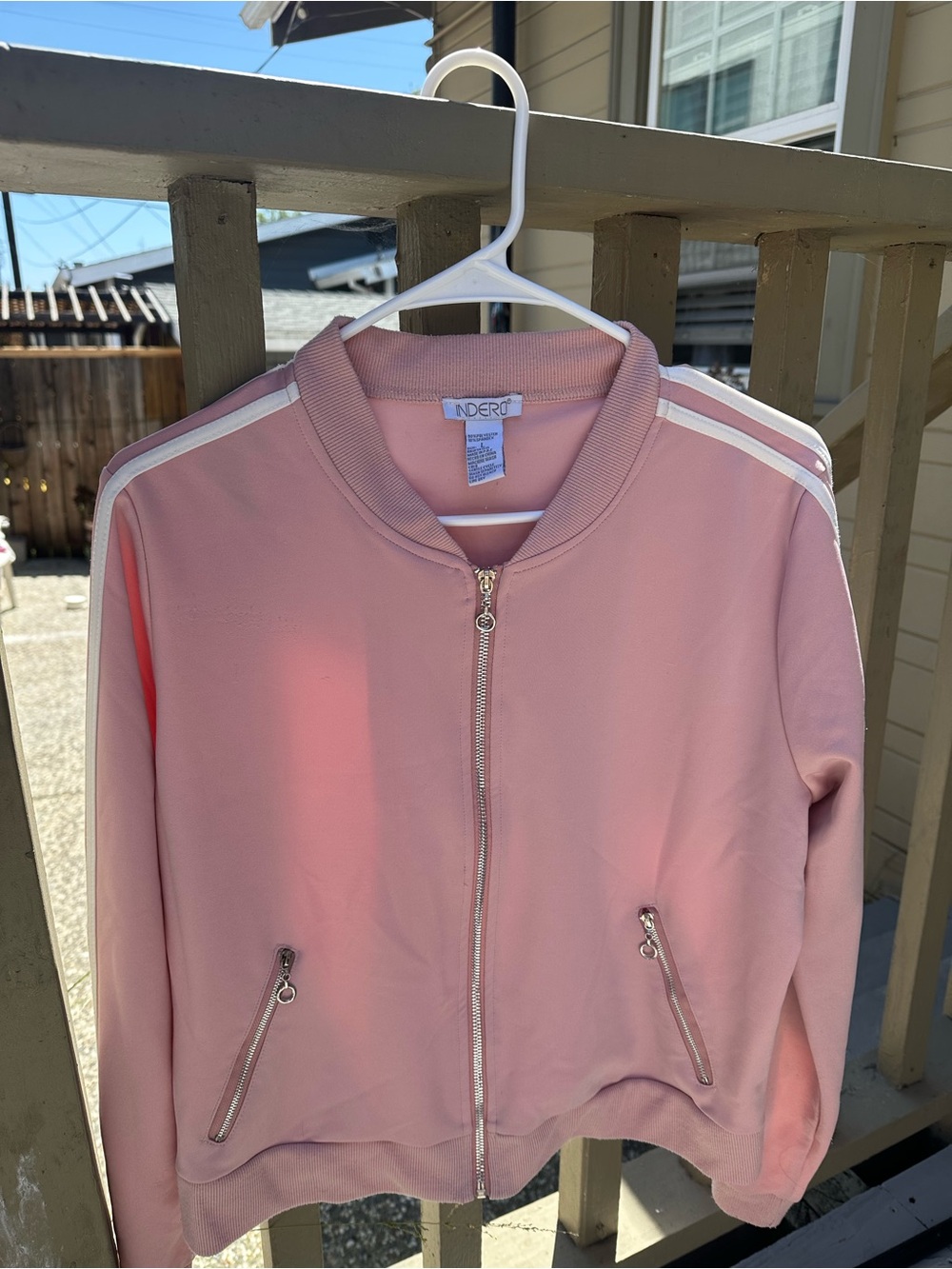 INDERO Pink Bomber Jacket with White Shoulder Stripes